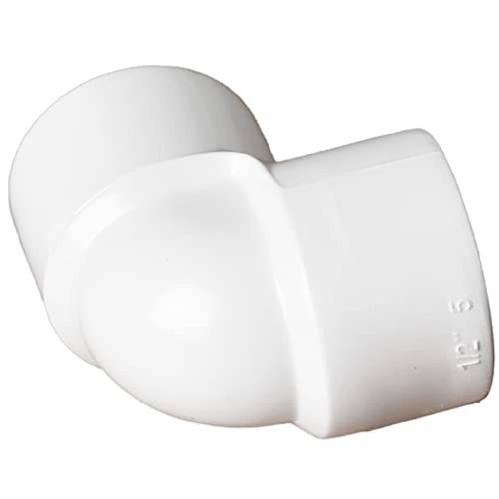 White PVC 90° elbow coupling with raised marking and visible FIPT threads, 1-inch.