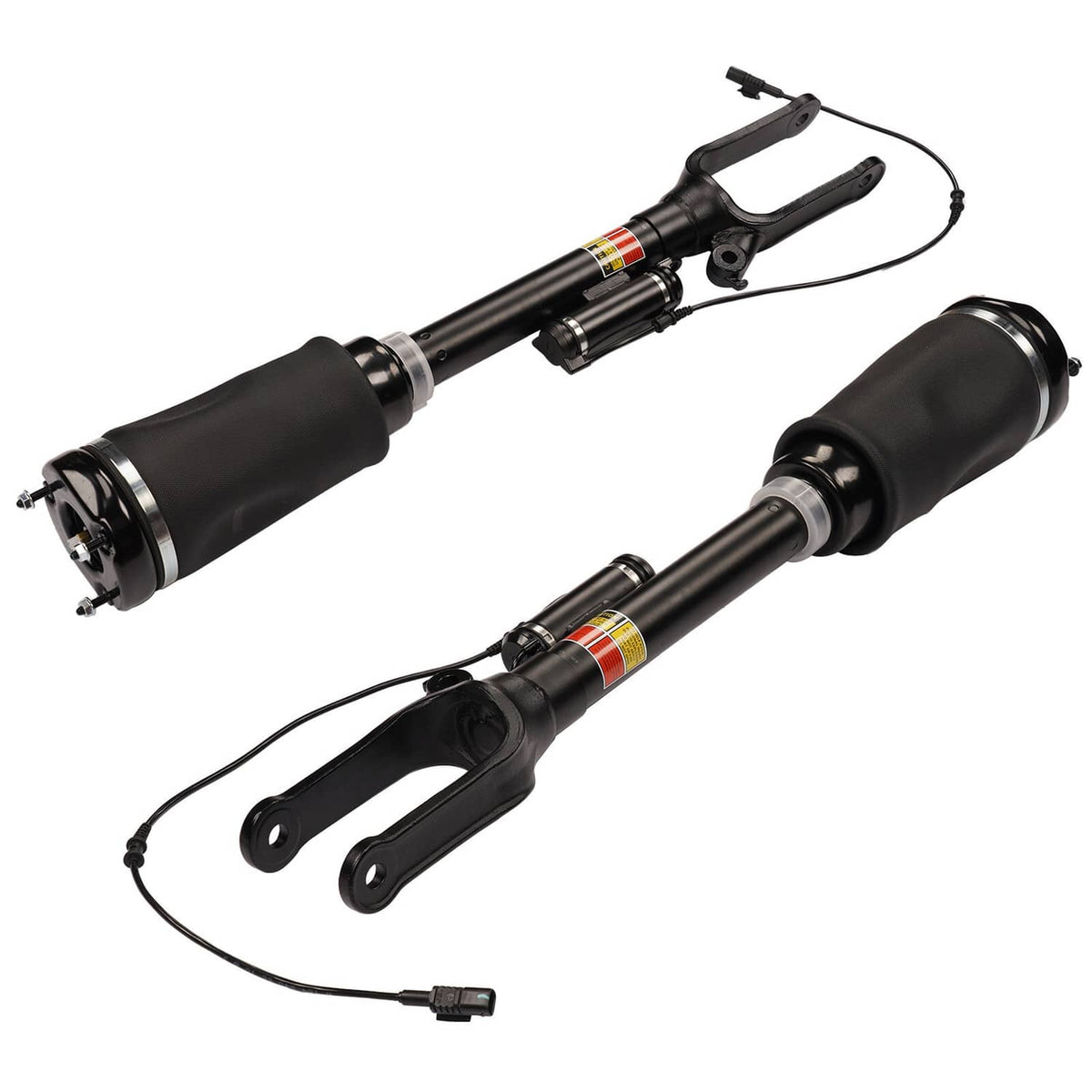 Front air suspension strut pair with black shock body and mounting brackets, including cables