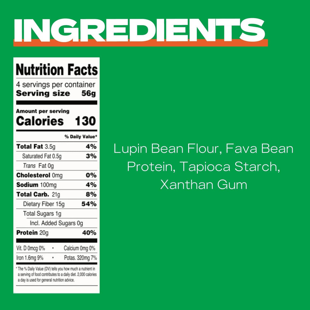 Nutrition facts panel for low carb pasta, listing calories, fiber, and protein per serving
