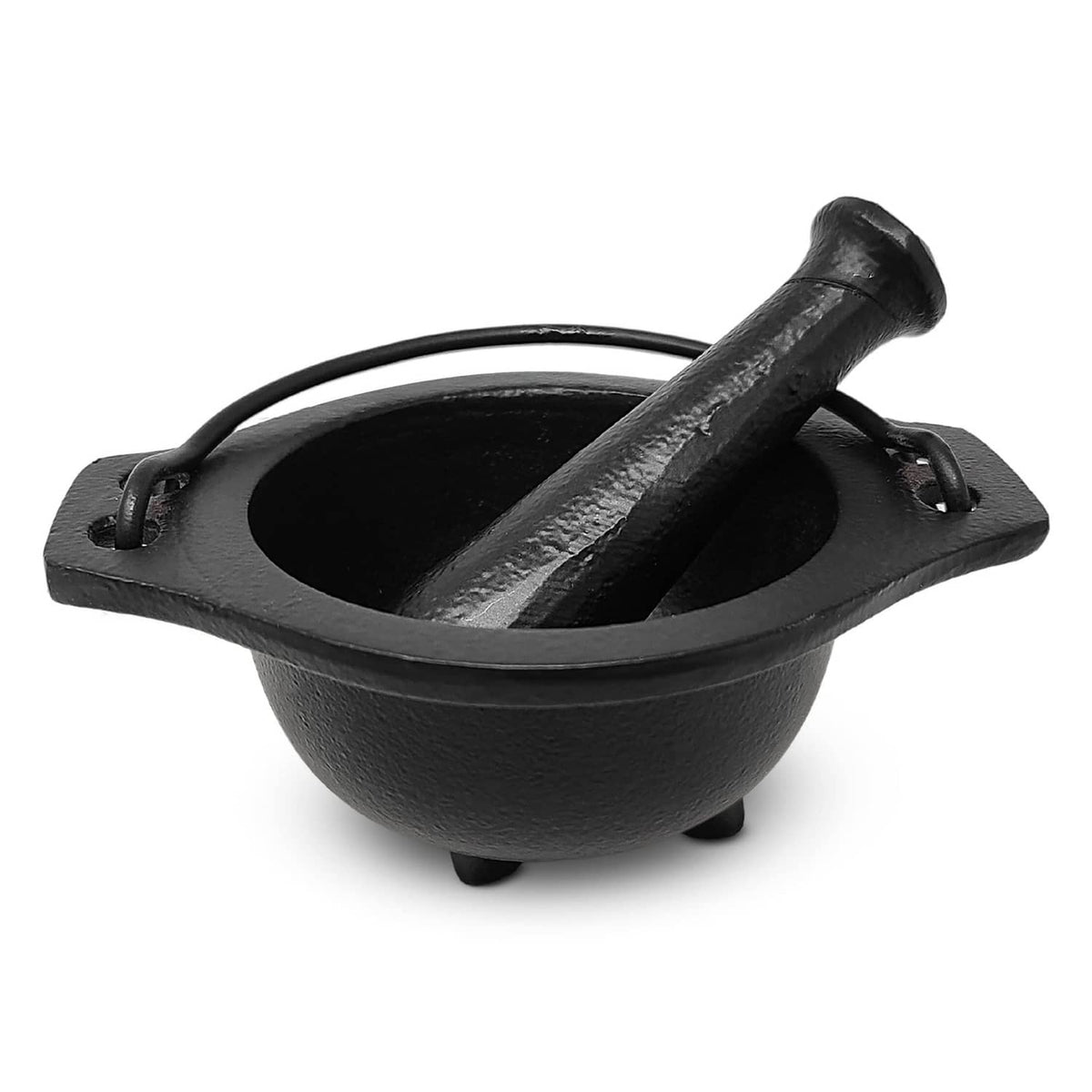 Black cast iron cauldron mortar with matching pestle