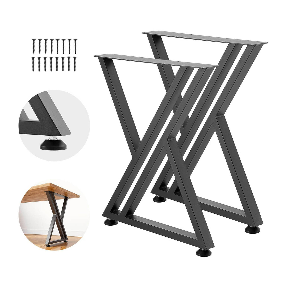 Black steel table legs set with X-frame base and rubber feet, 2-pack