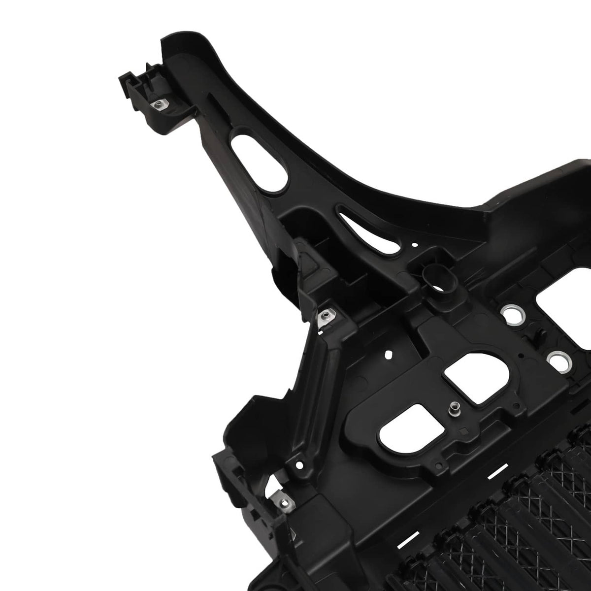 Black grille shutter support bracket with oval cutouts and mounting points