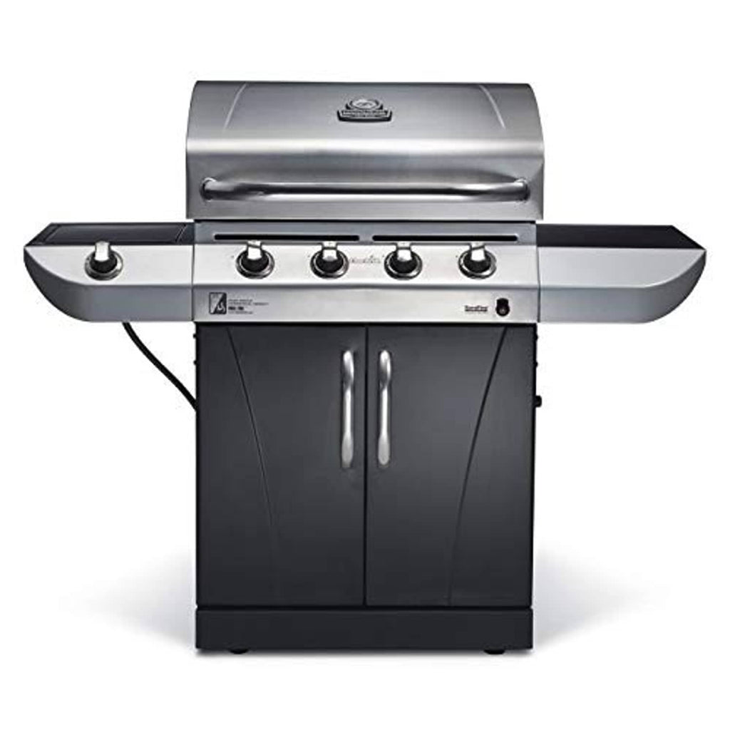 Stainless and black gas grill with control knobs and side doors