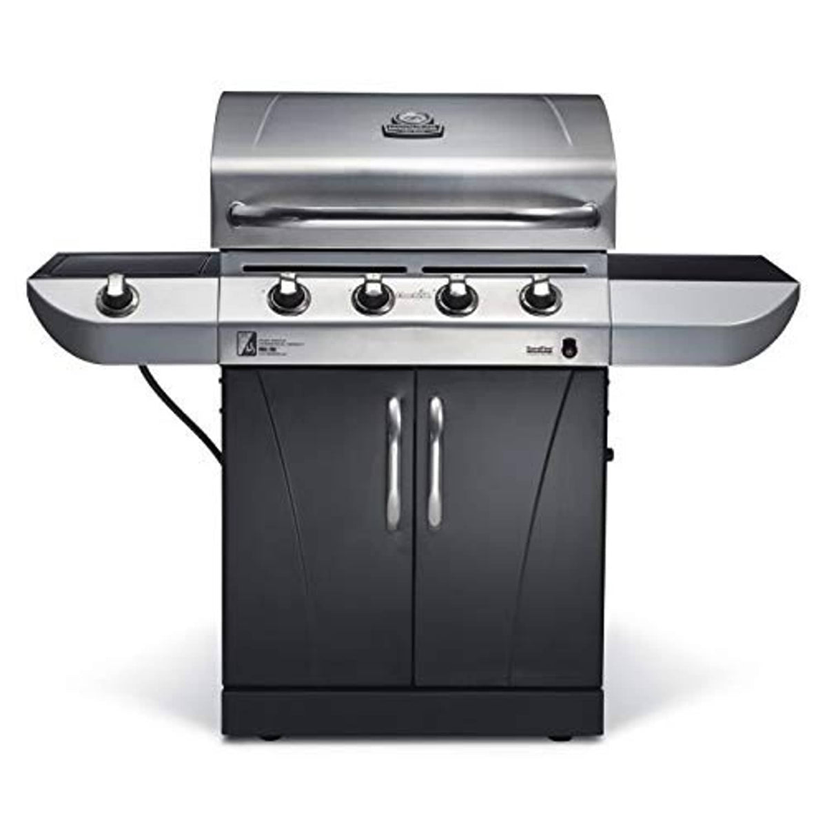 Stainless and black gas grill with control knobs and side doors