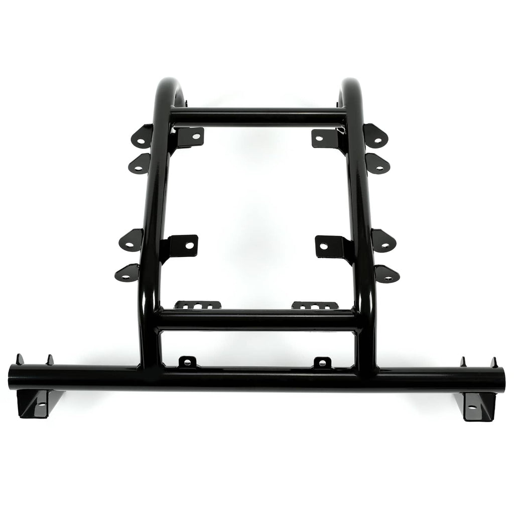 Powder-coated black lift kit front crossbar with side uprights and mounting tabs
