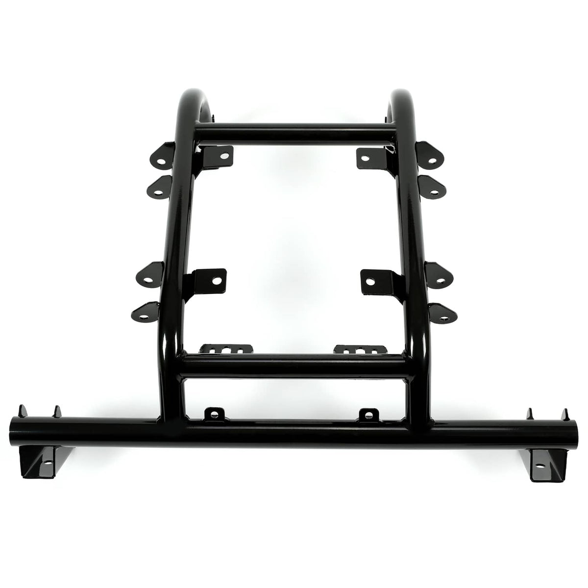 Powder-coated black lift kit front crossbar with side uprights and mounting tabs