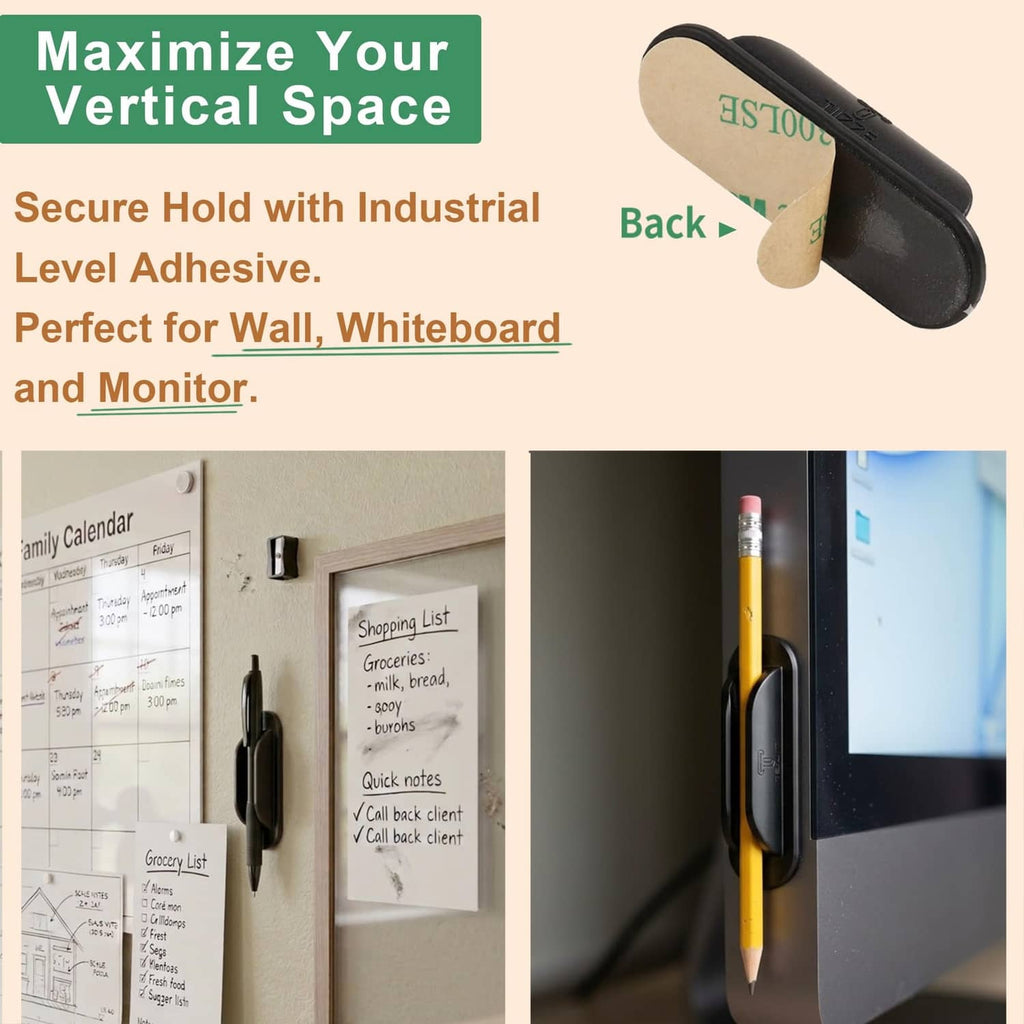 Black silicone adhesive holder securing a pencil on a wall or whiteboard