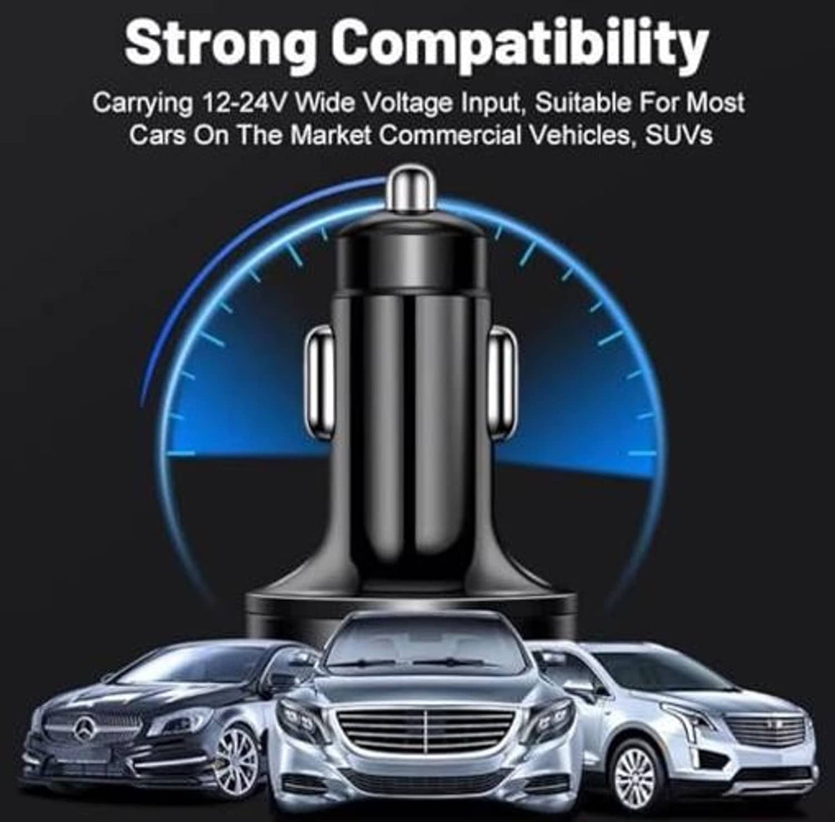 Car USB-C voltmeter charger adapter with blue LED display and dual charging outlets.