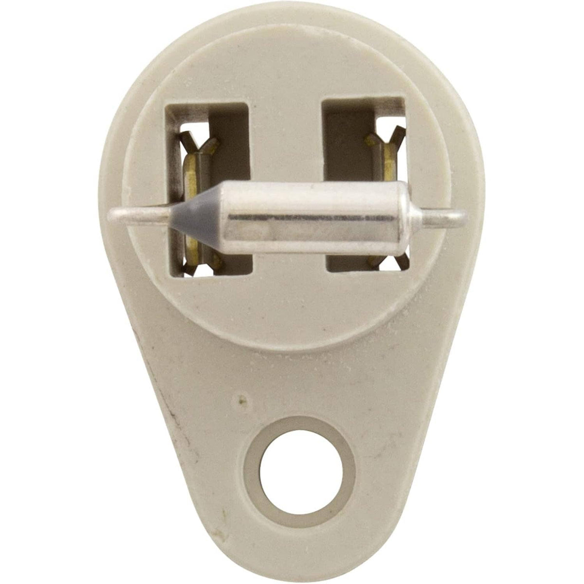 White thermal cut-off fuse rear view with central glass fuse and two contacts