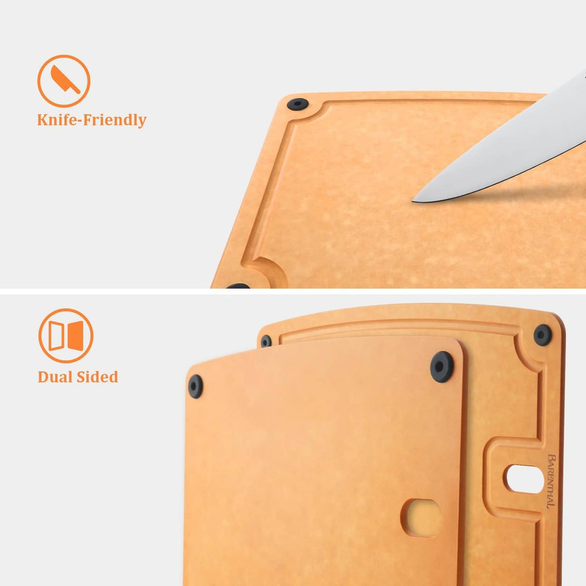 Tan composite dual-sided cutting board with handle slot and corner grip holes