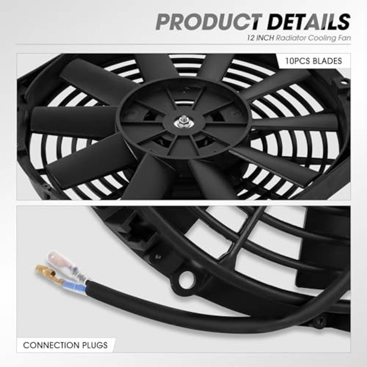 12-inch radiator cooling fan details showing 10 blades and wiring connection plugs
