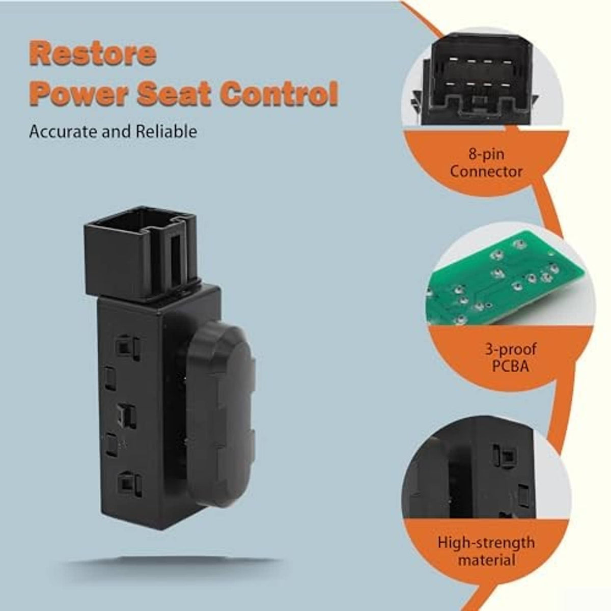Power seat control switch with 8-pin connector plug and green circuit board interior