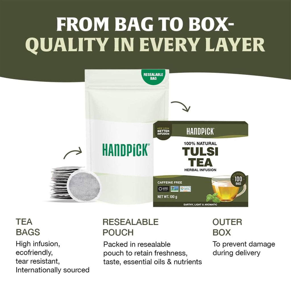Tulsi tea herbal infusion bag, resealable pouch, outer box, and tea bag sachets