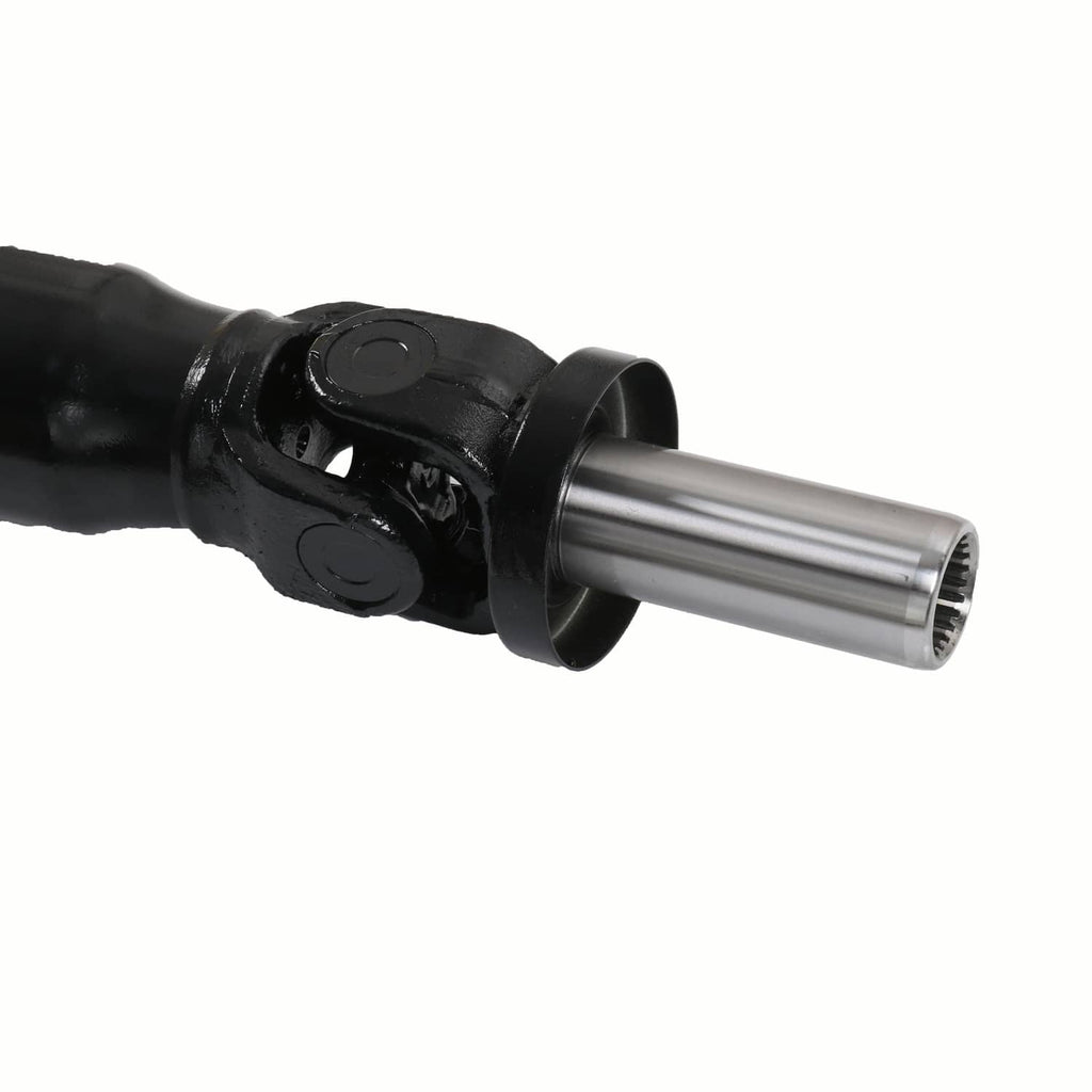 Close-up of black rear driveshaft prop shaft end with silver splined shaft