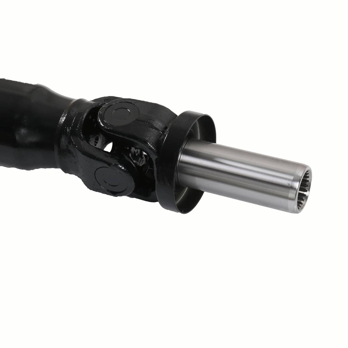 Close-up of black rear driveshaft prop shaft end with silver splined shaft