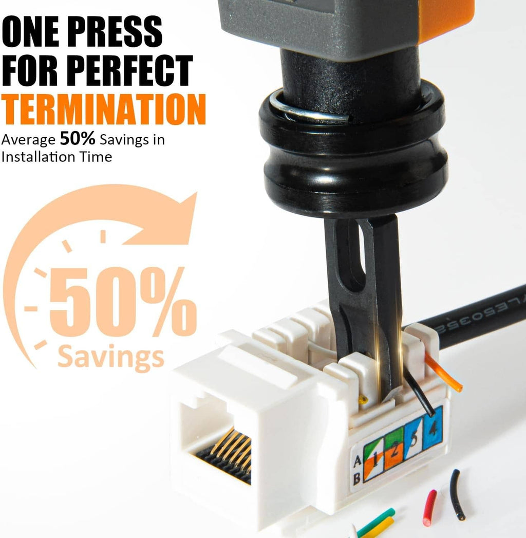 Punch-down tool tip pressing wires into a white network connector block.
