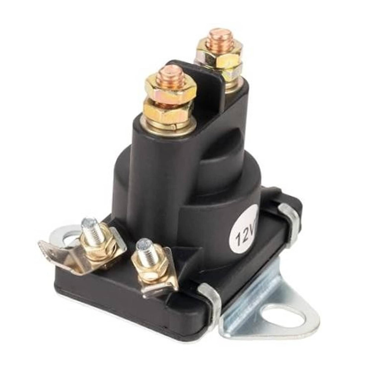 Close-up of black 12V solenoid relay with four copper terminals and base bracket