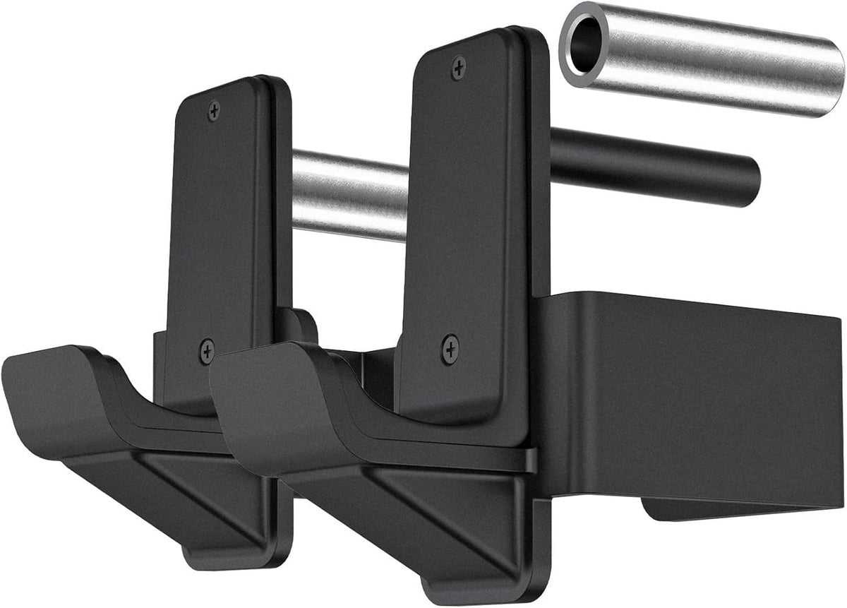 Black rubber-coated steel J-hooks for power rack, reinforced base and side supports