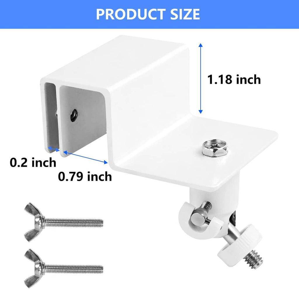 White gutter mount bracket with size dimensions and included screw parts