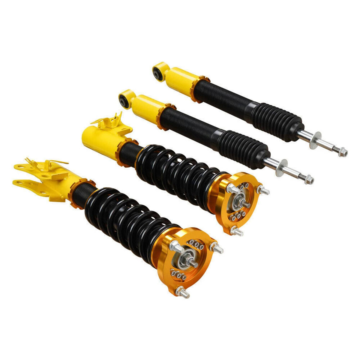 Four-piece coilover shock set with yellow mounts, black springs, and silver shafts