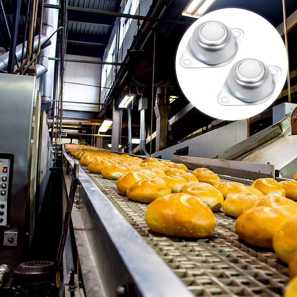 Ball transfer roller casters installed on a conveyor belt system