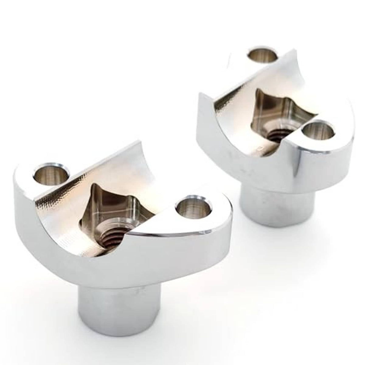 Pair of chrome 1" handlebar riser mounts, tall brackets with circular mounting openings