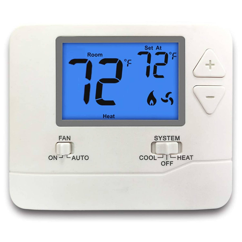 White non-programmable digital thermostat with blue backlit display and heat controls