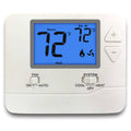 White non-programmable digital thermostat with blue backlit display and heat controls