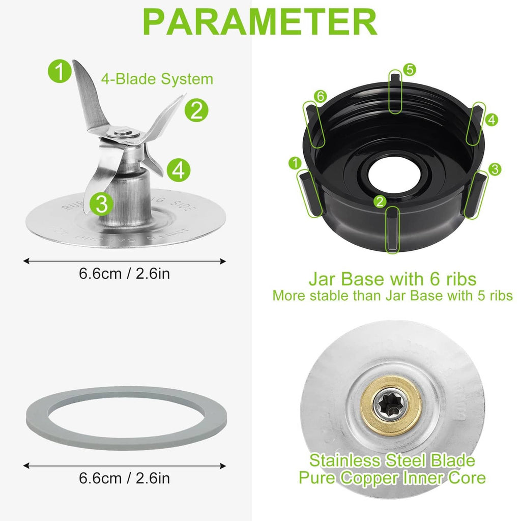 Jar blade base with 6 ribs and stainless blade core plus silicone gasket