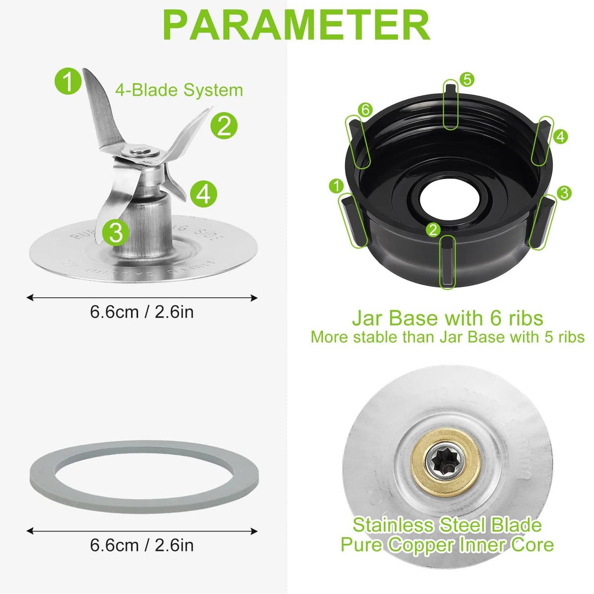 Jar blade base with 6 ribs and stainless blade core plus silicone gasket
