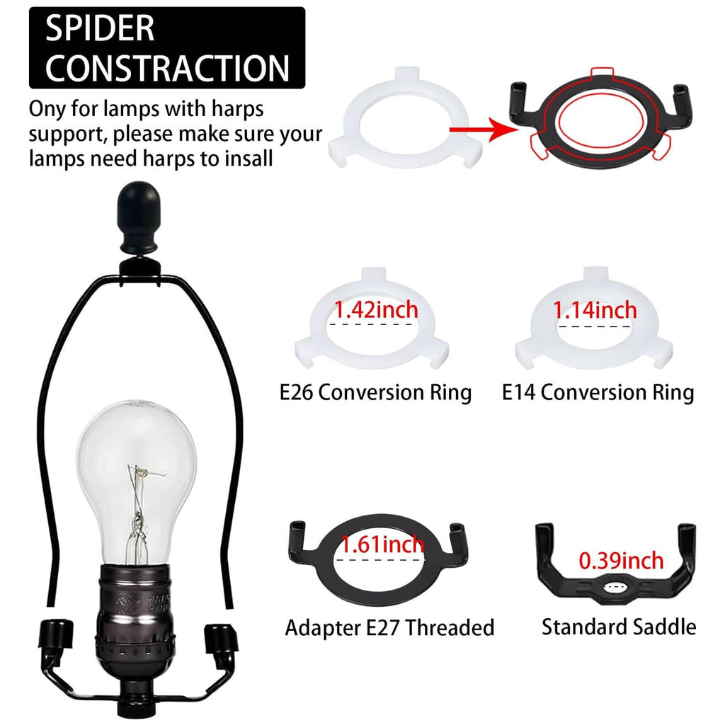 E26/E14 conversion rings and standard saddle adapter for mounting lamp shades