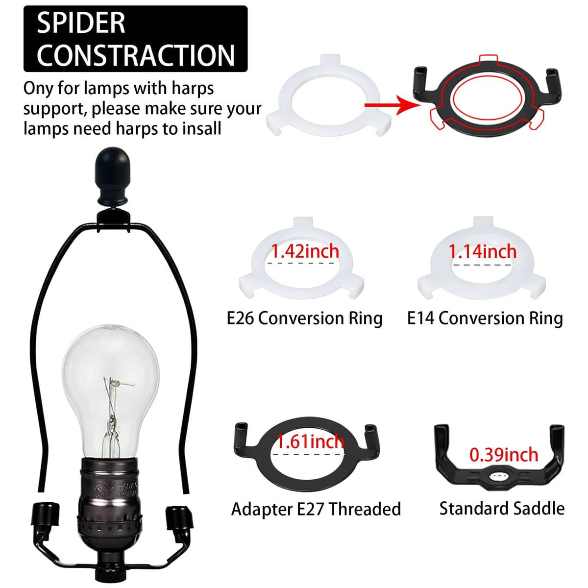 E26/E14 conversion rings and standard saddle adapter for mounting lamp shades