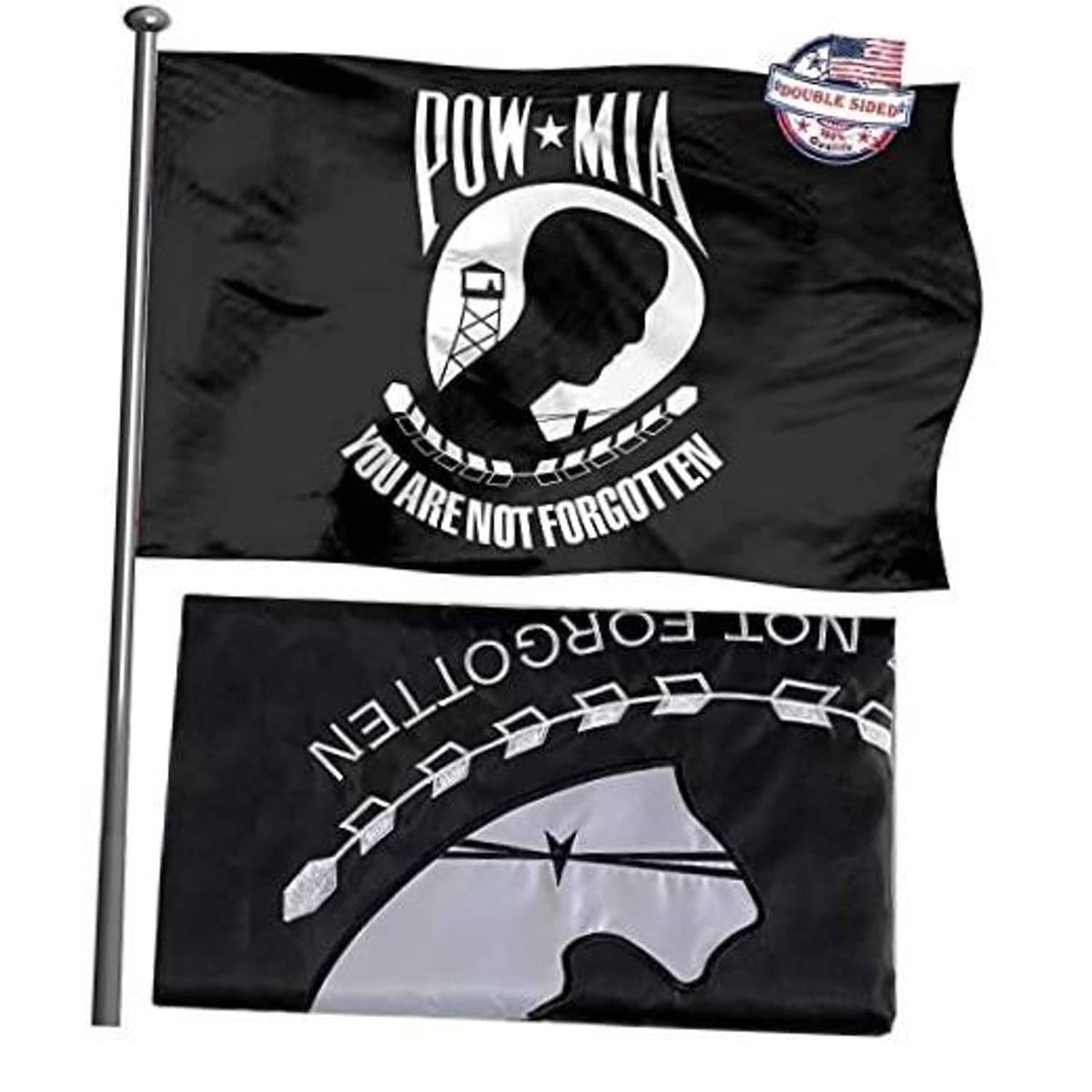 Black double-sided POW-MIA outdoor flag on pole with white logo and text design.