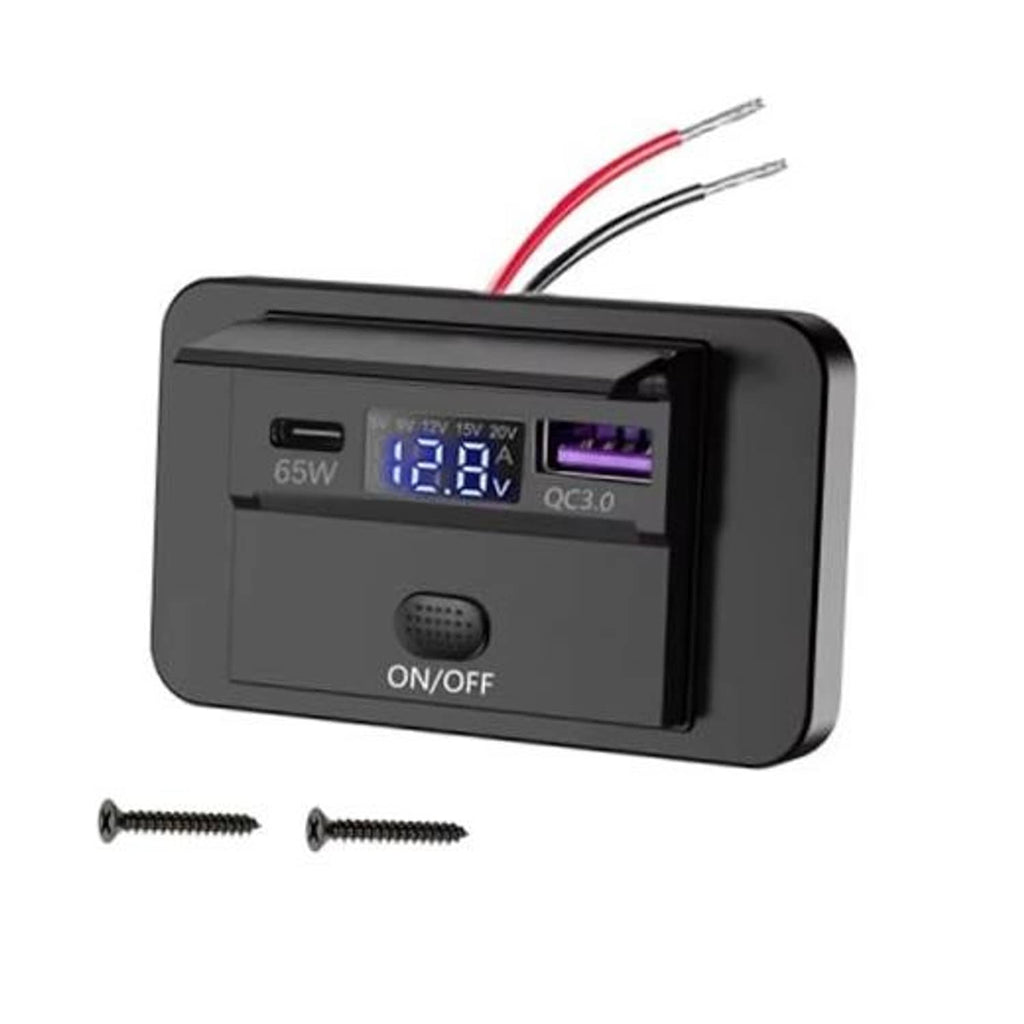 Black 12V car USB outlet with LED voltage display, ON/OFF switch, and wiring leads