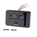 Black 12V car USB outlet with LED voltage display, ON/OFF switch, and wiring leads