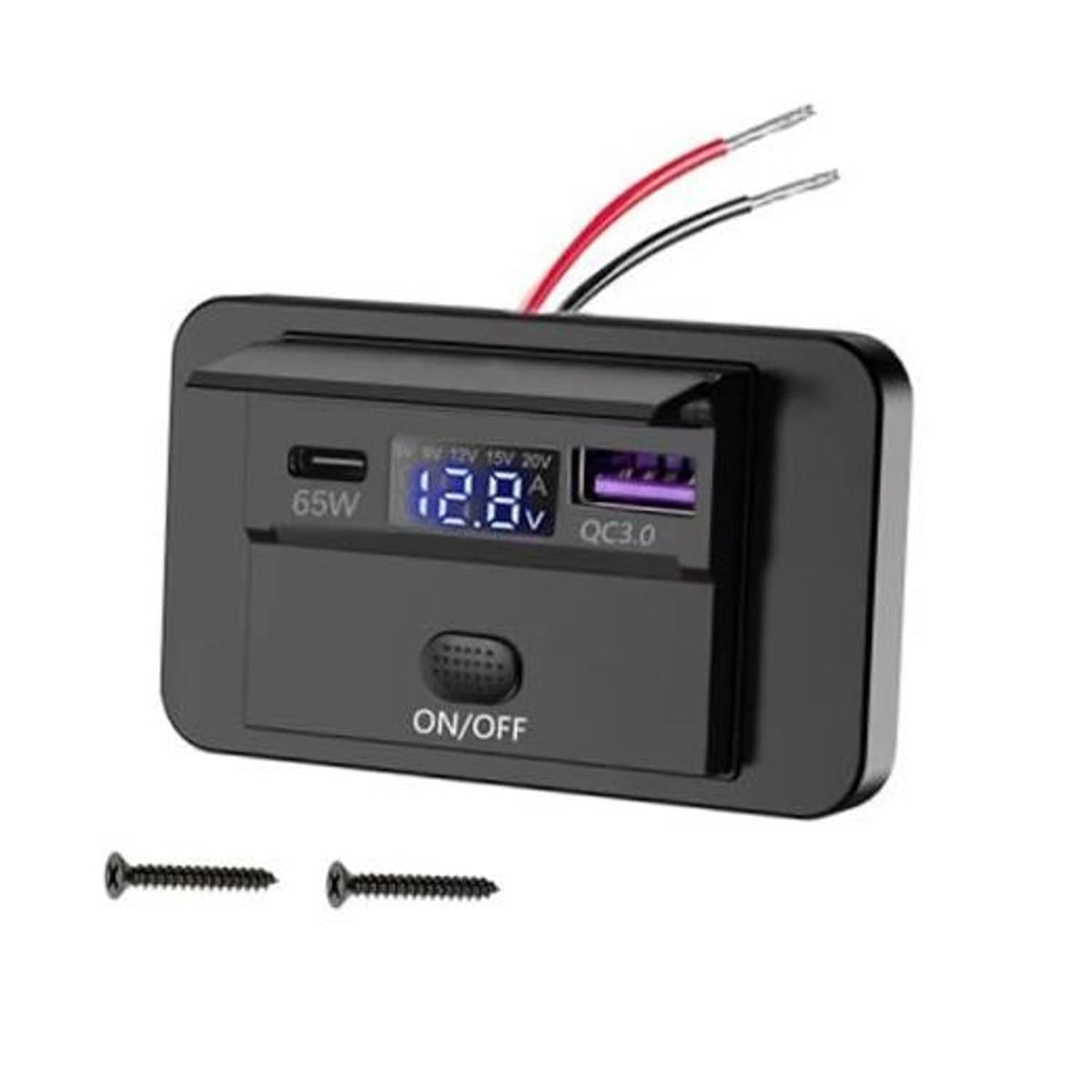 Black 12V car USB outlet with LED voltage display, ON/OFF switch, and wiring leads