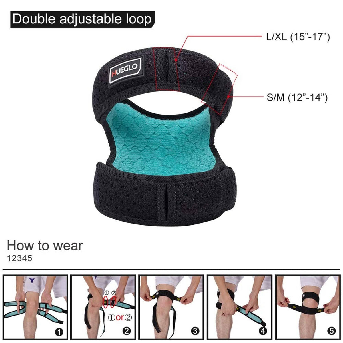 Black dual patella knee strap with teal pad and perforated fabric for adjustable fit