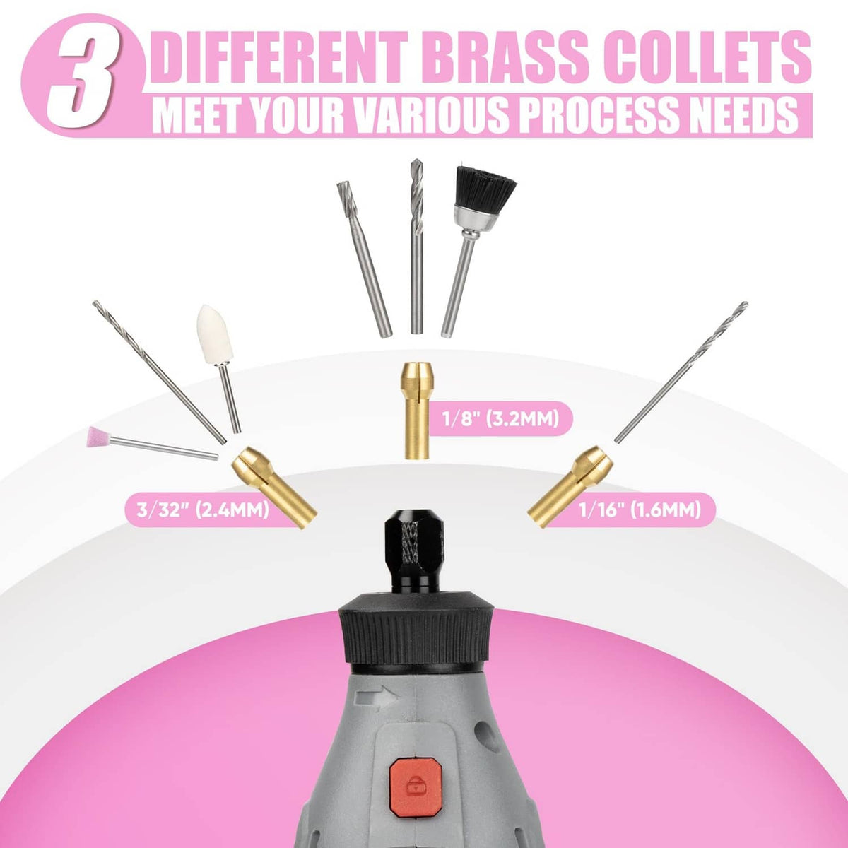 Brass rotary tool collet set with multiple sizes for different process needs