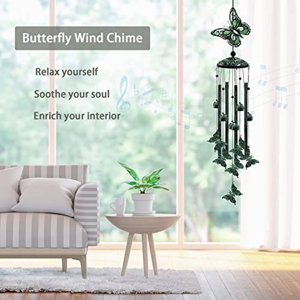 Green butterfly wind chime with hanging metal tubes and butterfly top ornament