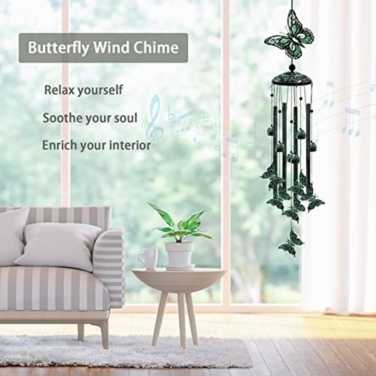Green butterfly wind chime with hanging metal tubes and butterfly top ornament