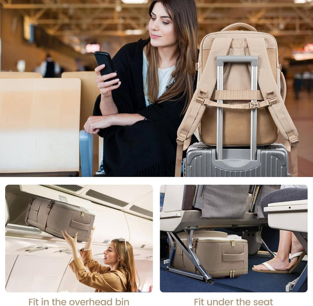 Beige carry-on backpack on a person, sized to fit in an overhead bin