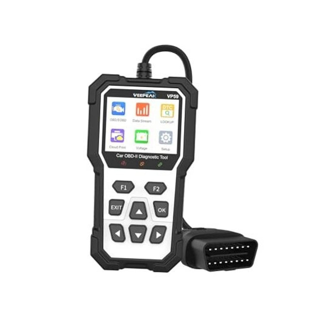 Car OBD2 diagnostic scanner with color screen, keypad buttons, and OBD connector