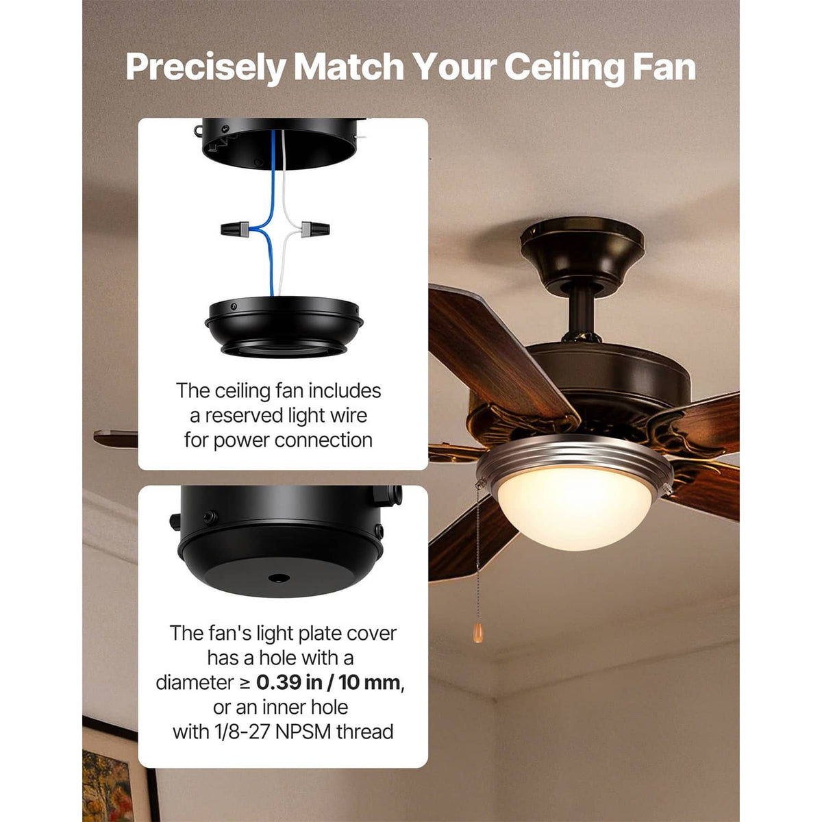 Ceiling fan reserved light kit with black mounting parts and frosted glass globe