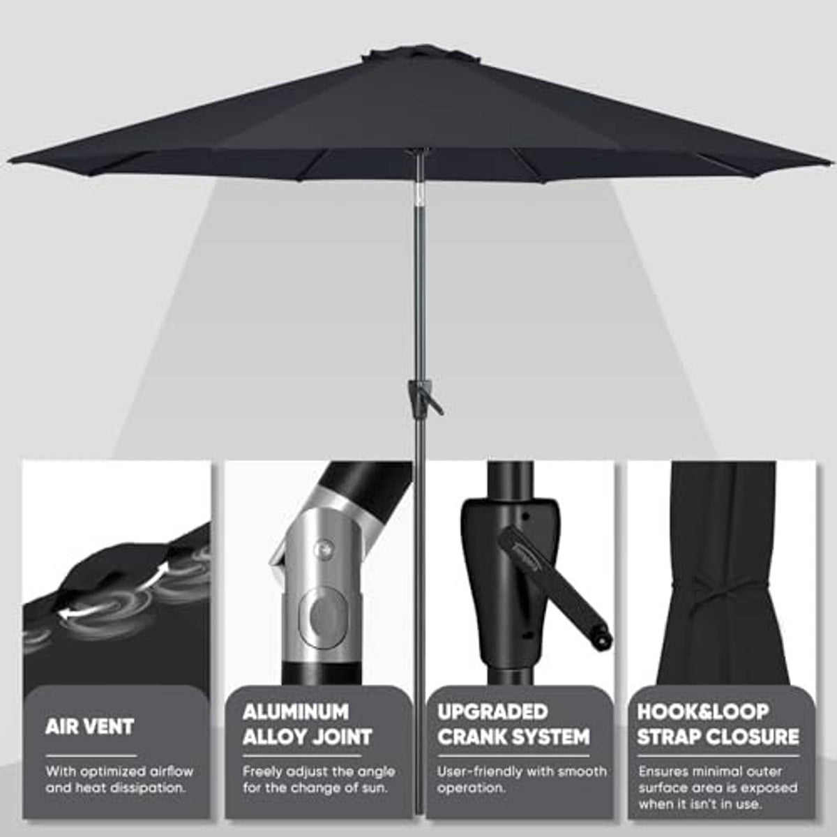 7.5 ft outdoor table umbrella with space grey canopy and adjustable crank tilt