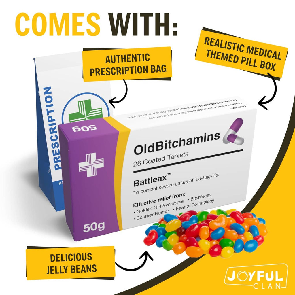 OldBitchamins pill box with colorful jelly beans and prescription box insert