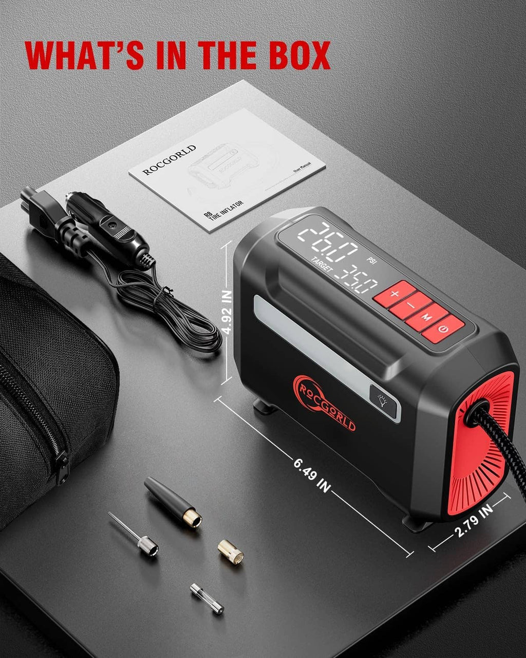 Portable 12V tire inflator kit with carrying case and multiple nozzle and adapter pieces.