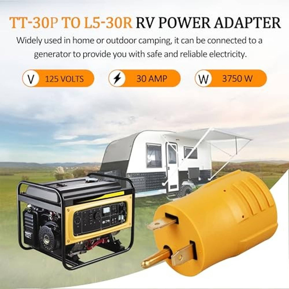 Yellow RV power adapter connected to a portable generator, 3-prong locking plug.