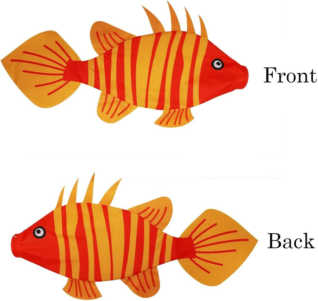 Red fish wind sock with orange stripes, striped body, gill fins and tail