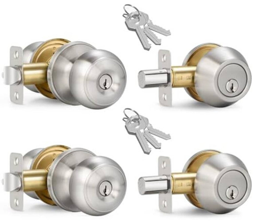 Satin nickel door lock combo set: knob and single-cylinder deadbolt with keys
