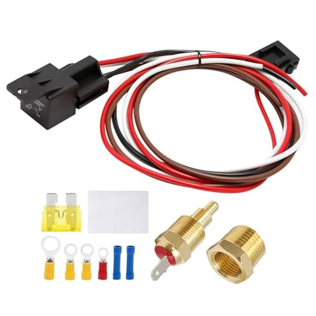 Electric fan wiring thermostat kit with wiring harness, sensor probes, and fuse accessories
